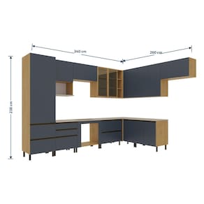 Cozinha Completa de Canto Bartira Cristal com 12 Portas, 7 Gavetas, 13 Prateleiras, 3 Nichos e 340cm de largura - Lâmina Mel/Azul Royal
