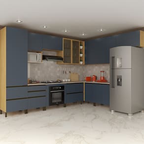 Cozinha Completa de Canto Bartira Cristal com 12 Portas, 7 Gavetas, 13 Prateleiras, 3 Nichos e 340cm de largura - Lâmina Mel/Azul Royal