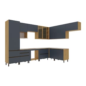 Cozinha Completa de Canto Bartira Cristal com 12 Portas, 7 Gavetas, 13 Prateleiras, 3 Nichos e 340cm de largura - Lâmina Mel/Azul Royal