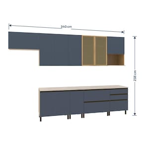 Cozinha Completa Bartira Cristal com 9 Portas, 7 Gavetas, 8 Prateleiras, 1 Nicho e 340cm de Largura - Lâmina Mel/Azul Royal