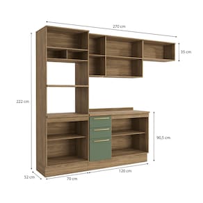 Cozinha Completa Kappesberg Botanic Flora com 9 Portas, 3 Gavetas, 6 Prateleiras, Nicho e 270cm de largura - Nogueira/Verde Oliva