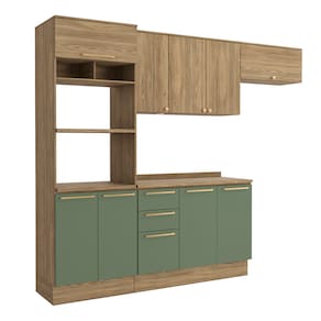 Cozinha Completa Kappesberg Botanic Flora com 9 Portas, 3 Gavetas, 6 Prateleiras, Nicho e 270cm de largura - Nogueira/Verde Oliva