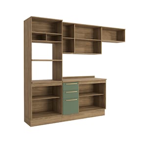 Cozinha Completa Kappesberg Botanic Flora com 9 Portas, 3 Gavetas, 6 Prateleiras, Nicho e 270cm de largura - Nogueira/Verde Oliva