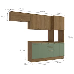 Cozinha Completa Kappesberg Botanic Flora com 10 Portas, 3 Gavetas, 6 Prateleiras, 1 Nicho e 280cm de largura - Nogueira/Verde Oliva