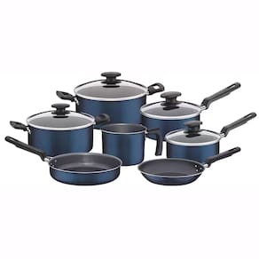 Conjunto de Panelas 7 Peças Tramontina Bergamo Antiaderente e Tampas de Vidro - Azul + Faqueiro 12 Peças Leme com Lâminas em Aço Inox - Preto