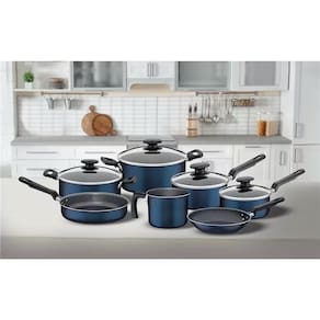 Conjunto de Panelas 7 Peças Tramontina Bergamo Antiaderente e Tampas de Vidro - Azul + Faqueiro 12 Peças Leme com Lâminas em Aço Inox - Preto
