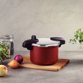 Panela de Pressão Tramontina Arizona em Alumínio, Revestimento Starflon Max 4,5L – Vermelha + Faqueiro 12 Peças Leme, Lâminas em Aço Inox – Cinza