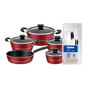 Conjunto de Panelas Tramontina Sicilia com Revestimento Starflon Excellent Vermelho – 5 Peças + Faqueiro 12 Peças Tramontina Leme - Cinza