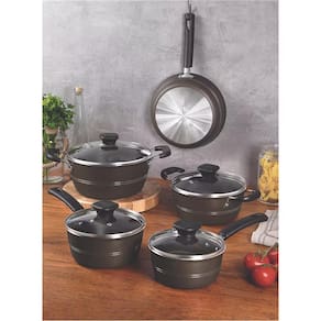 Conjunto de Panelas Tramontina Sicilia com Revestimento Starflon Excellent Avelã – 5 Peças + Faqueiro 12 Peças Tramontina Leme - Preto