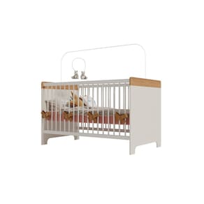 Quarto Bebê Completo Canaã Pega Pega Berço-Cama Armário 3 Portas Cômoda 4 Gavetas MDF Design Moderno Branco Caramelo