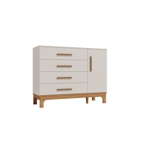 Quarto Bebê Completo Canaã Pega Pega Berço-Cama Armário 3 Portas Cômoda 4 Gavetas MDF Design Moderno Branco Caramelo