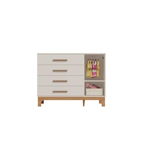 Quarto Bebê Completo Canaã Pega Pega Berço-Cama Armário 3 Portas Cômoda 4 Gavetas MDF Design Moderno Branco Caramelo