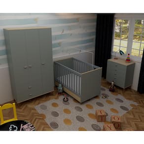 Quarto Infantil Completo Bartira Ternura Guarda-Roupa 3 Portas 2 Gavetas Cômoda 5 Gavetas Berço 2 em 1