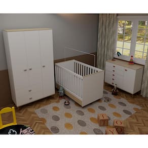 Quarto Infantil Completo Bartira Ternura Guarda-Roupa 3 Portas Cômoda 5 Gavetas Berço 2 em 1