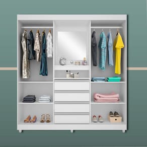 Guarda-Roupa Casal Bartira Fortaleza II 2 Portas de Correr 4 Gavetas Externas 1 Espelho Fixo MDP - 184,5cm de Largura - Branco - 1