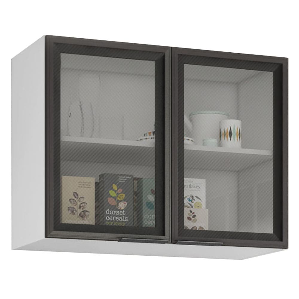 Armário Aéreo Bartira Rubi com 2 Portas de Vidro e 1 Prateleira - 80,1cm de largura - Branco / Freixo - 1