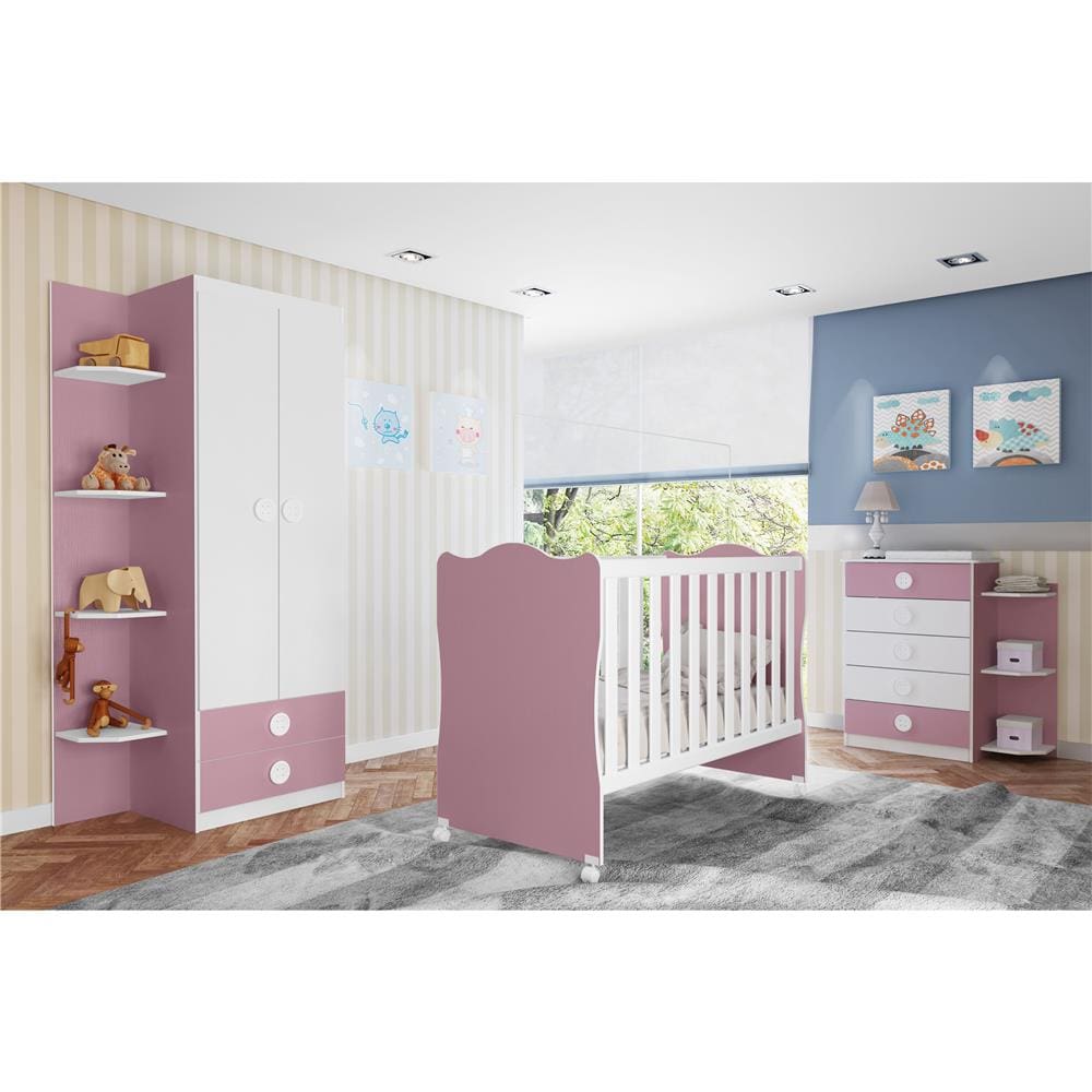 Cômoda Infantil Móveis Rodial com 5 Gavetas Encanto Baby - Branco / Rosa - 1