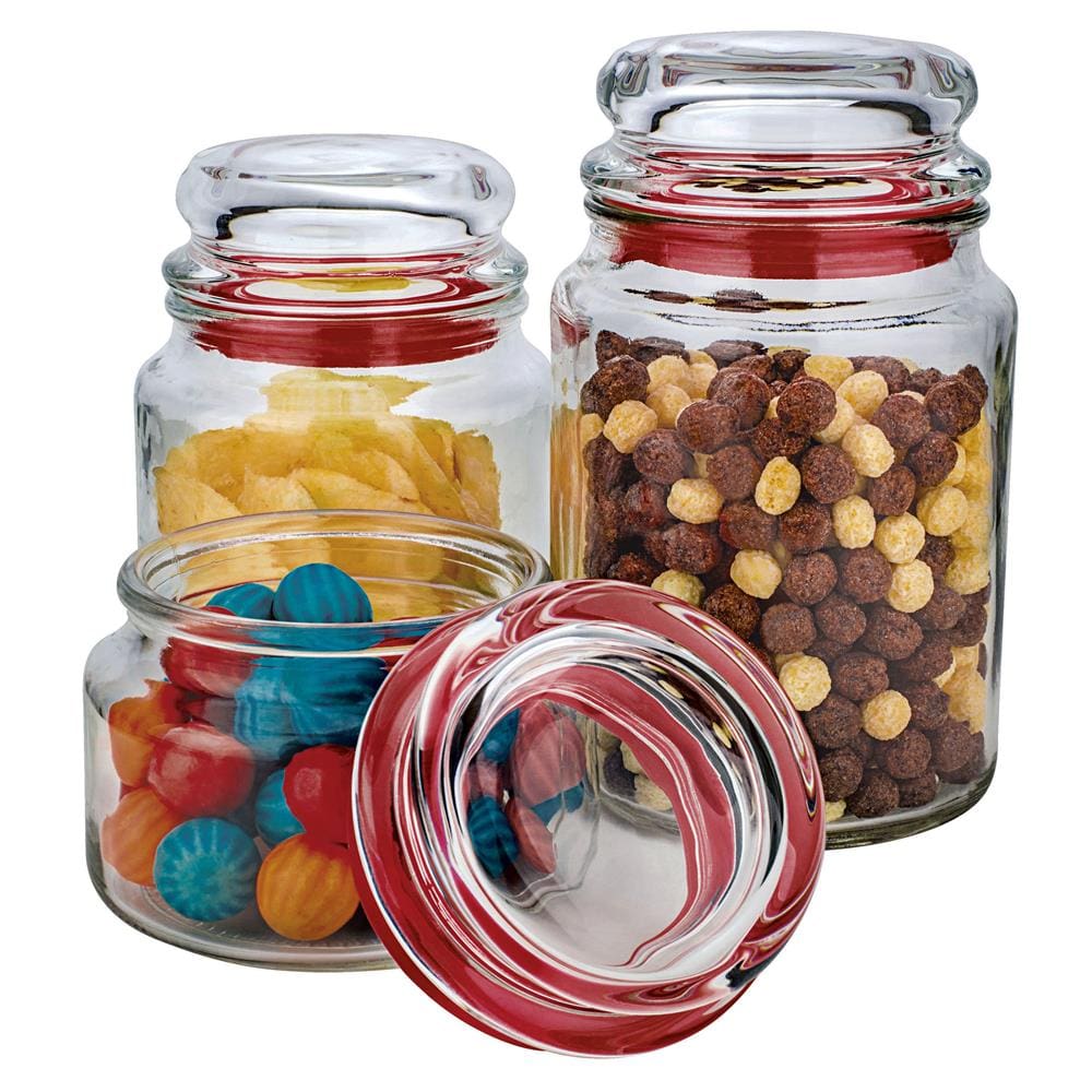 Conjunto de Potes Multiuso Euro Home Transparente/Vermelho em Vidro e PVC – 3 Peças - 1