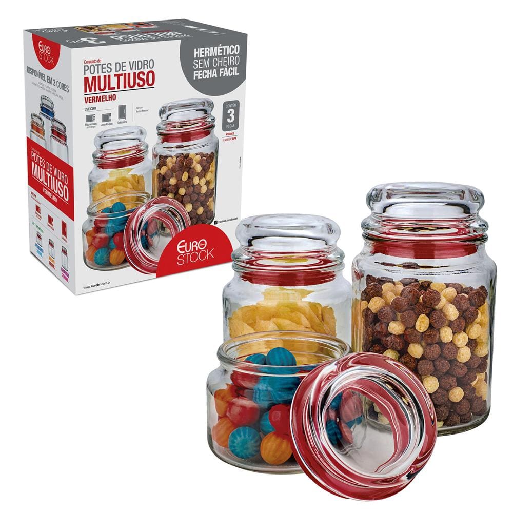 Conjunto de Potes Multiuso Euro Home Transparente/Vermelho em Vidro e PVC – 3 Peças - 3