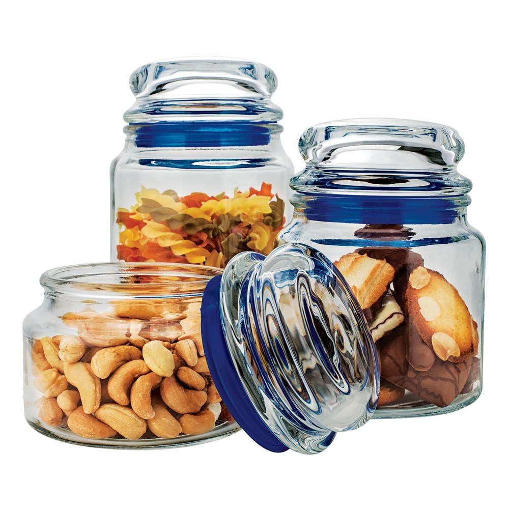 Conjunto de Potes Multiuso Euro Home Transparente/Azul em Vidro e PVC – 3 Peças - 1