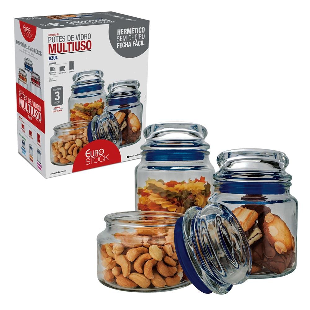 Conjunto de Potes Multiuso Euro Home Transparente/Azul em Vidro e PVC – 3 Peças - 3