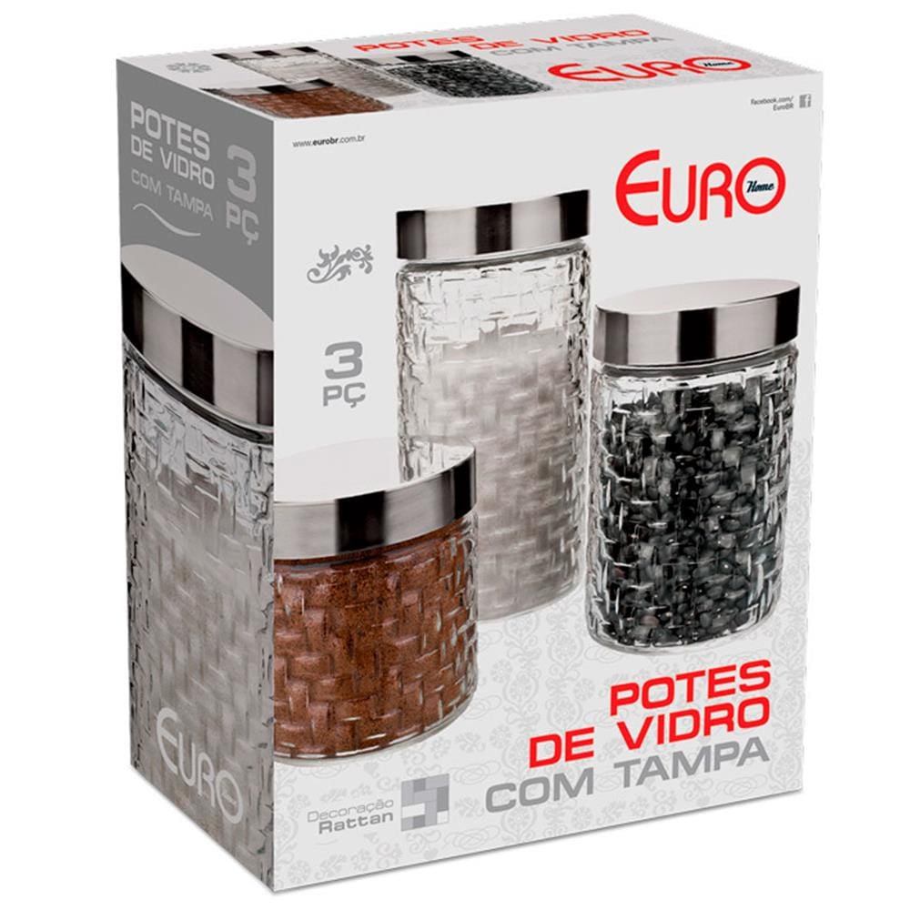 Conjunto de Potes Redondos Euro Home Rattan em Vidro e Inox – 3 Peças - 2