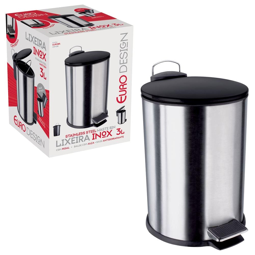 Lixeira Euro Home com Pedal LIX2317-PT em Inox e PP – 3 L - 3