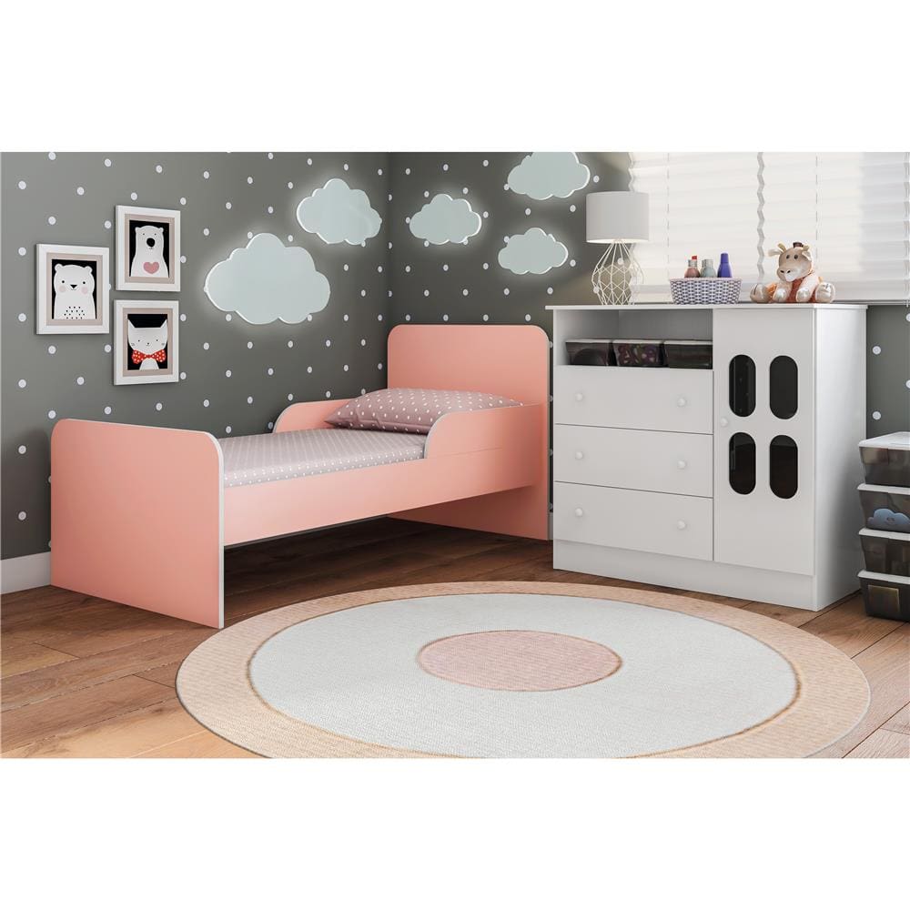 Mini Cama Rodial Mimo com Grades de Proteção - Rosa Claro/Branca - 1