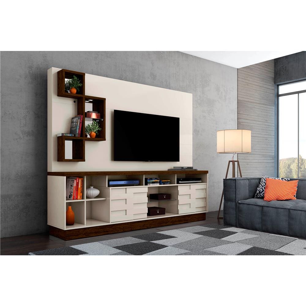 Estante Home Theater Madetec Heitor com 185,5 cm de Largura, Ideal para TV de até 65” - Off White/Savana - 1