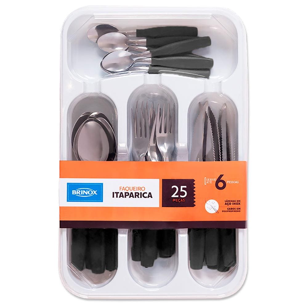 Faqueiro Brinox em Polipropileno e Aço Inox Itaparica Preto com Gaveteiro – 25 Peças - FAQUEIRO ITAPARICA 25PCS PRETO BRINOX - 1