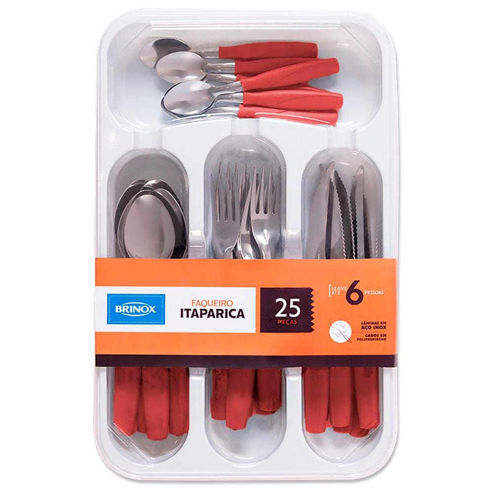 Faqueiro Brinox em Polipropileno e Aço Inox Itaparica Vermelho com Gaveteiro – 25 Peças - FAQUEIRO ITAPARICA 25PCS VERMELHO BOLD BRINOX - 1