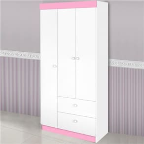 Guarda-Roupa J&A Móveis Pimpolho com 3 Portas e 2 Gavetas - Branco/Rosa - 2