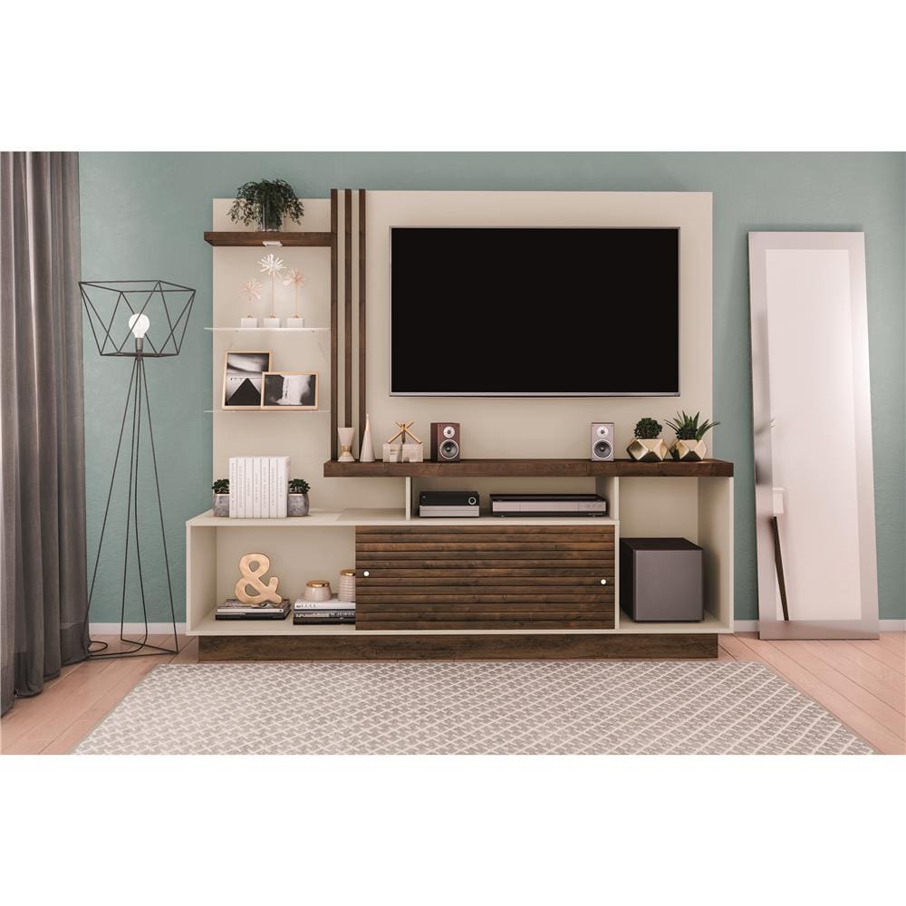 Estante Home Madetec Cross com 200 cm de Largura, 2 Portas e Nicho, Ideal para TV de até 60” - Off White/Nogal - 1