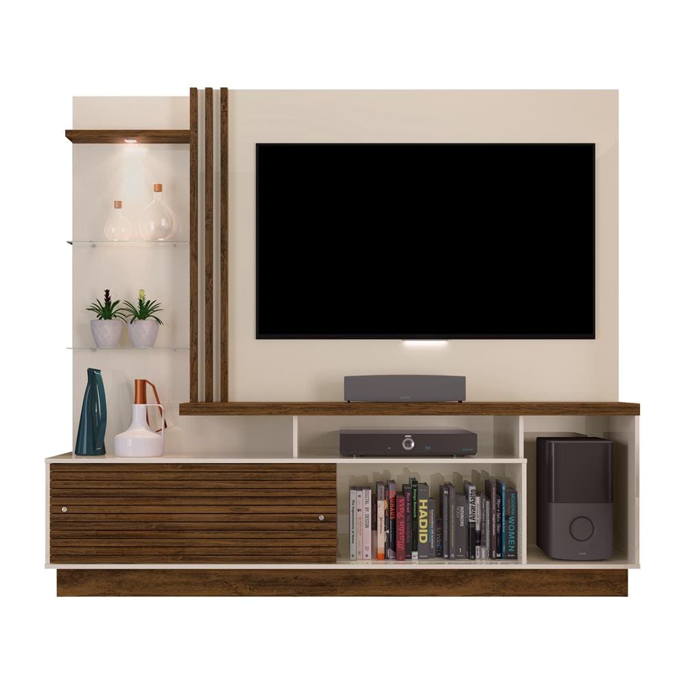 Estante Home Madetec Cross com 200 cm de Largura, 2 Portas e Nicho, Ideal para TV de até 60” - Off White/Nogal - 3