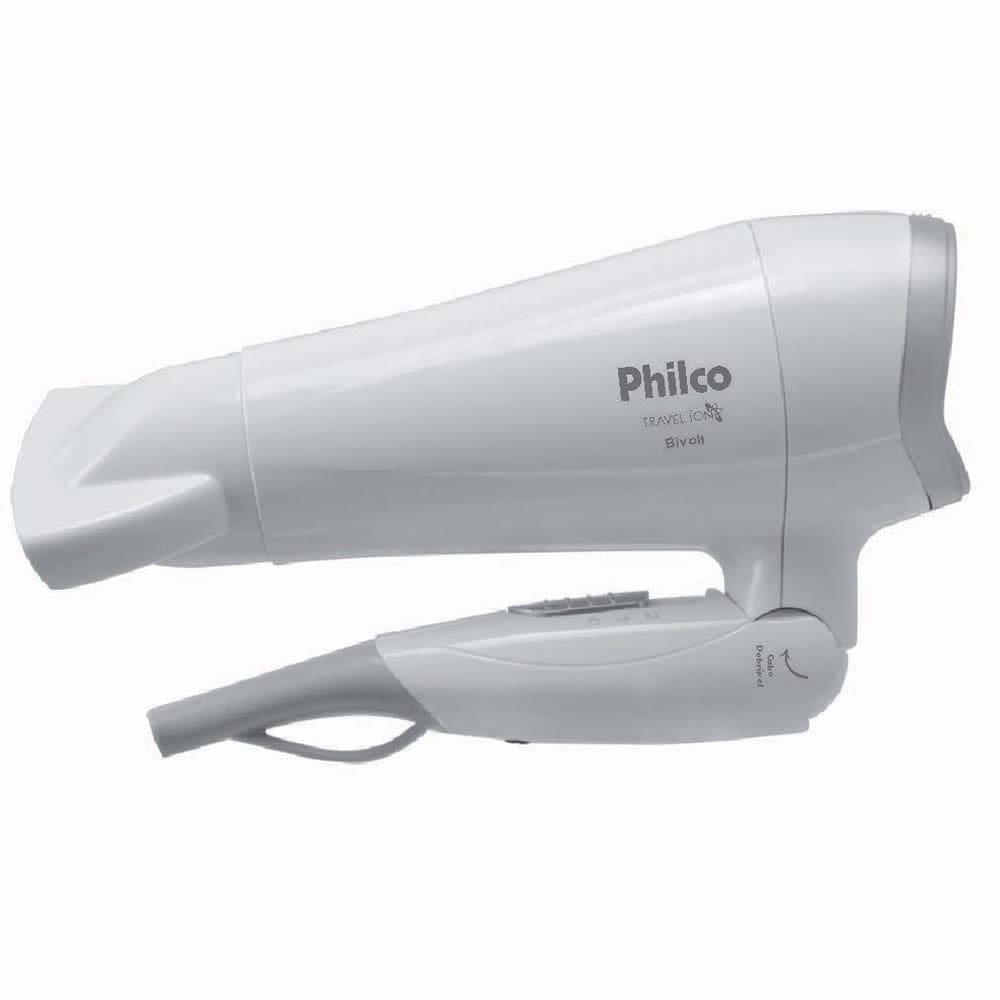 Secador de Cabelos Philco Travel Íon com Cabo Dobrável Bivolt – Branco/Prata - 1