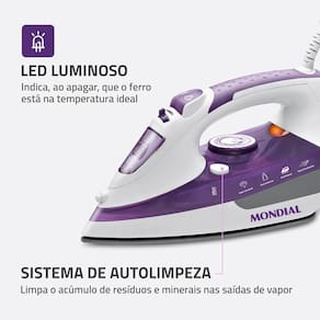 Ferro de Passar a Vapor Mondial Ceramic Express F-40 com Spray e Base Cerâmica - Branco/Roxo