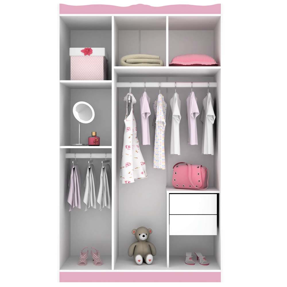 Guarda-Roupa Infantil Pura Magia Marie Disney Happy com 3 Portas e 2 Gavetas - Branco/Rosa - Rosa/Branco - 1