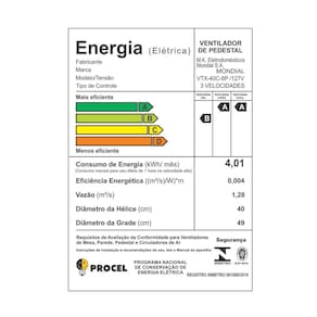 Ventilador de Coluna Mondial VTX-40C-8P 40 cm com 3 Velocidades - Preto