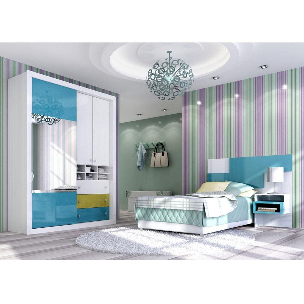 Guarda-Roupa Panan Angra Glass com 3 Portas, 3 Gavetas e Espelho - Branco/Verde+Mostarda - 2