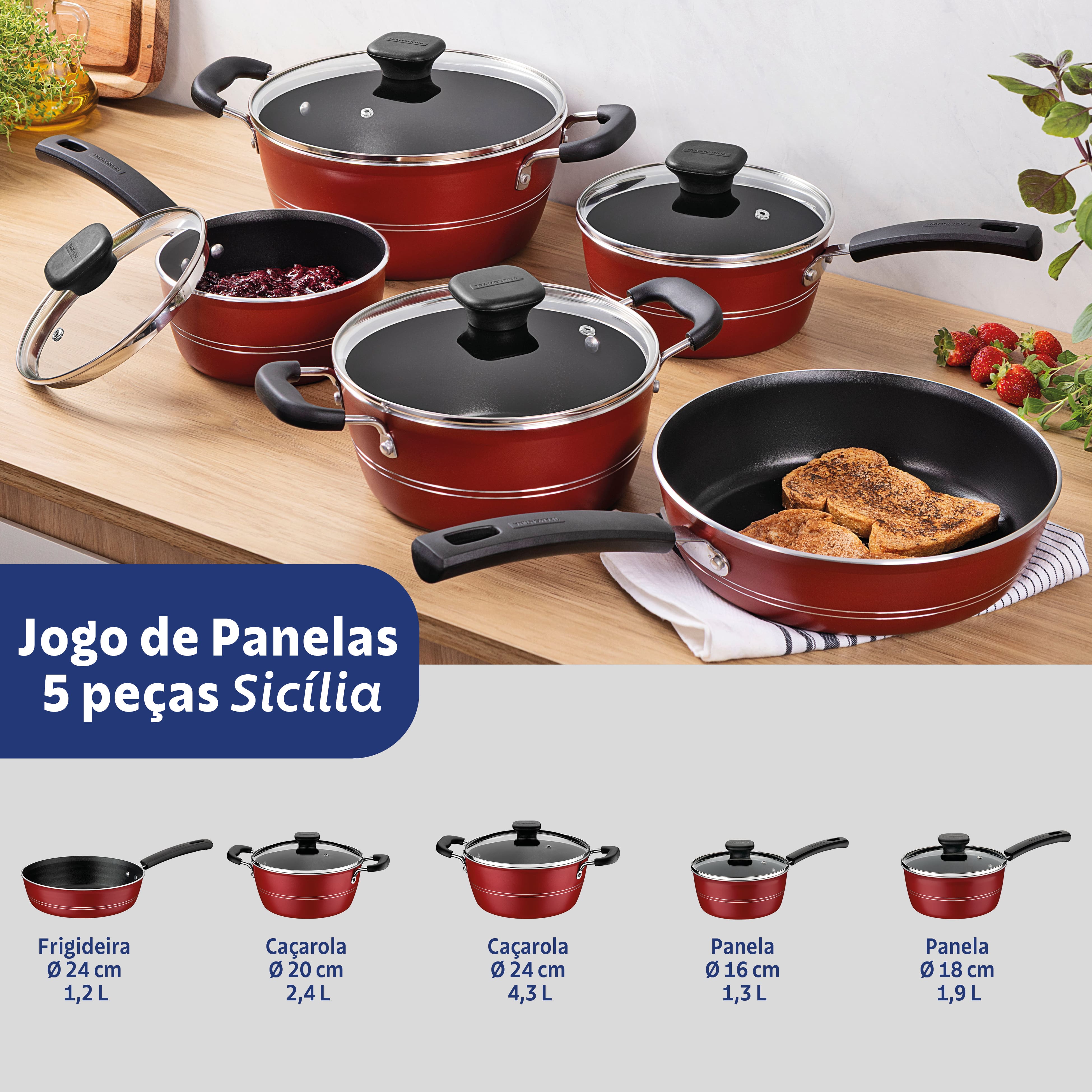 Jogo de Panelas Tramontina Sicilia 5 Peças Revestimento Antiaderente Starflon Excellent Vermelho - 1