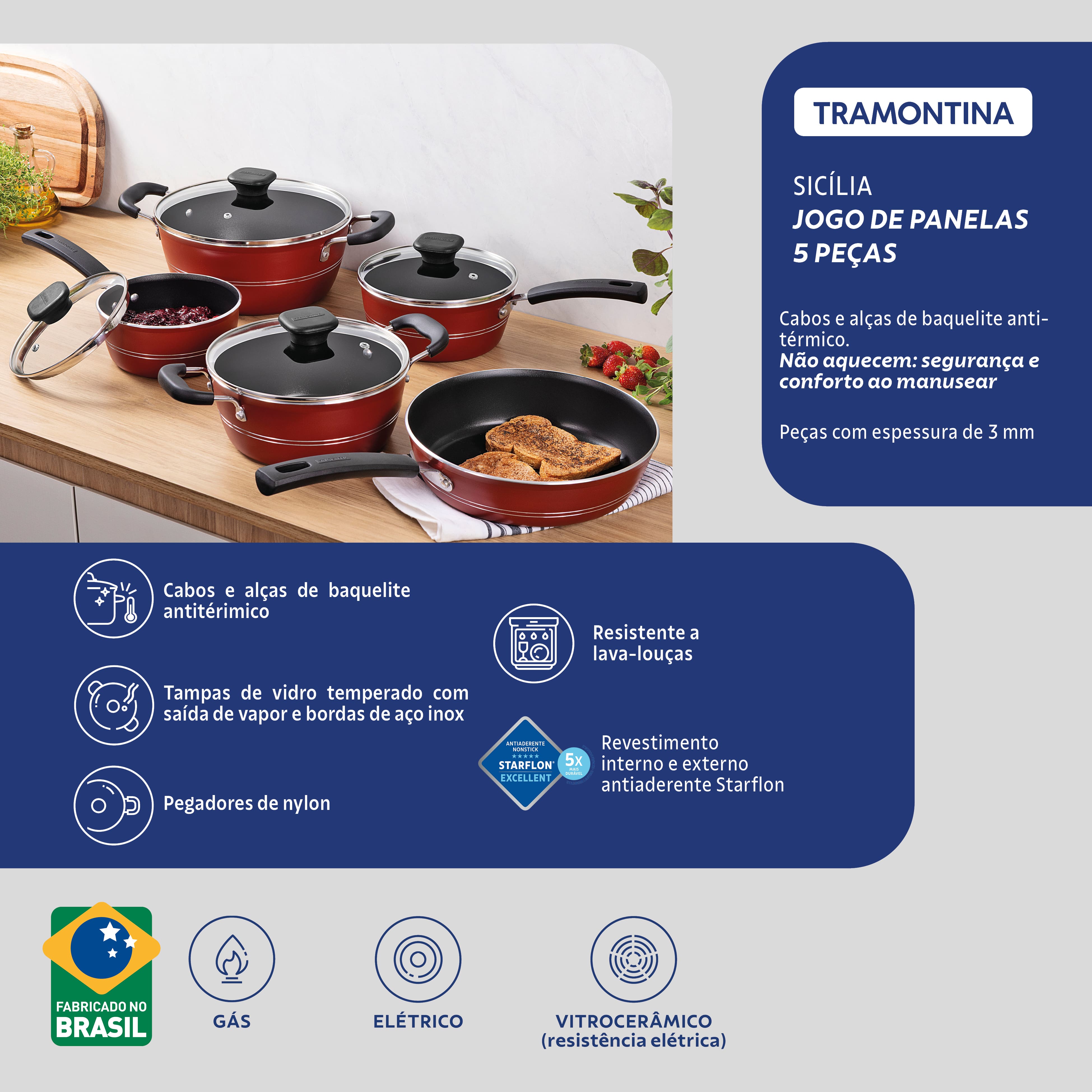 Jogo de Panelas Tramontina Sicilia 5 Peças Revestimento Antiaderente Starflon Excellent Vermelho - 2