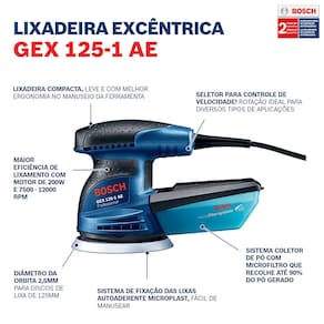 Lixadeira Roto Orbital Bosch GEX 125-1 AE 250W com Coletor de Pó