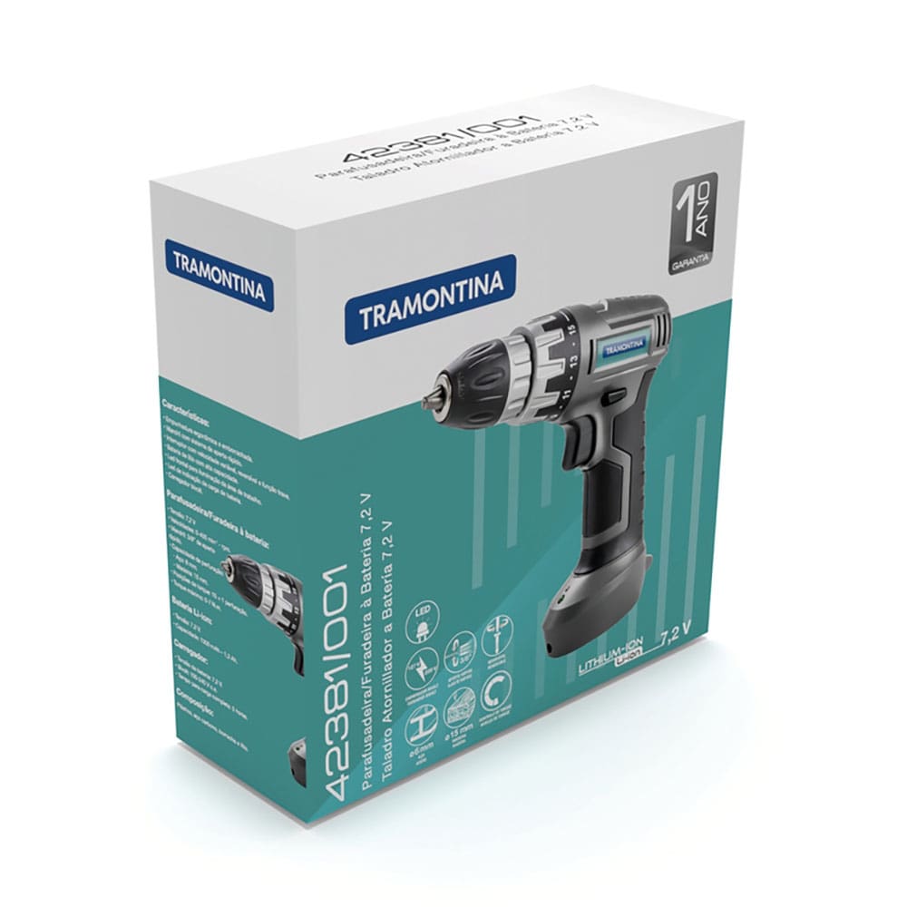 Furadeira/Parafusadeira Tramontina 3/8" - 7.2V - FURAD PARAF A BATERIA 7 2V TRAMONTINA - 1