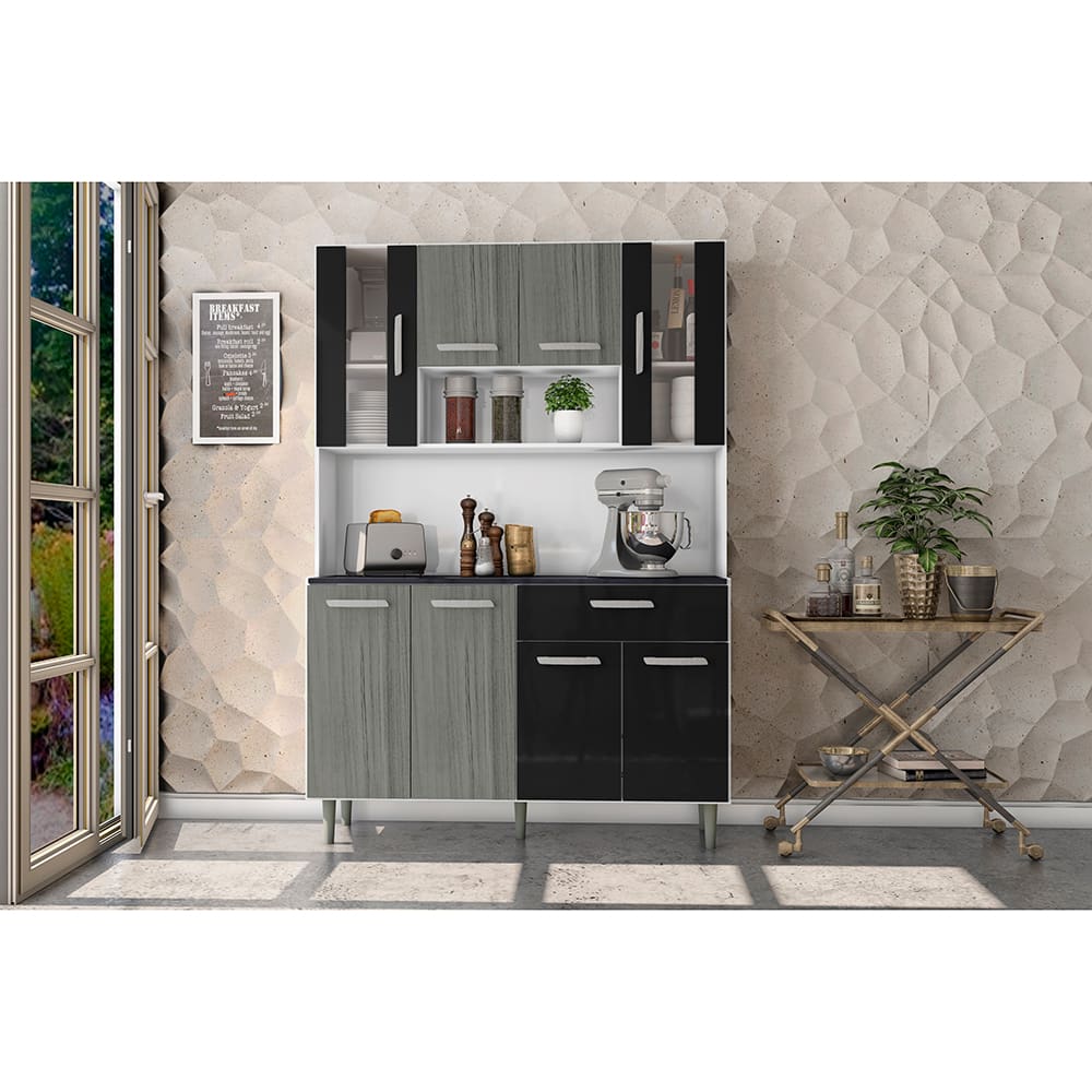 Cozinha Compacta Poliman Móveis Gabi com 8 Portas e 1 Gaveta - 120cm de largura - Cinza/Preto - 1