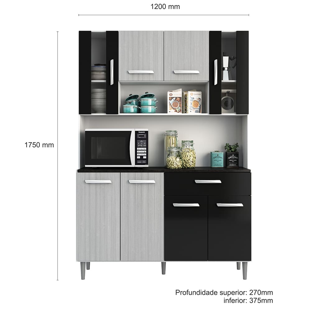 Cozinha Compacta Poliman Móveis Gabi com 8 Portas e 1 Gaveta - 120cm de largura - Cinza/Preto - 3