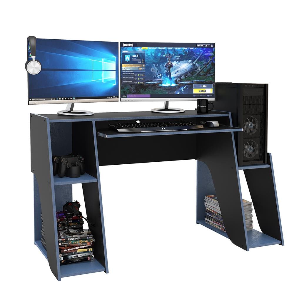 Mesa para Computador/Gamer Politorno Kyoto com 3 Nichos e 1 Prateleira - Preto/Azul - 2