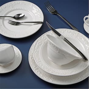 Aparelho de Jantar, Café e Sobremesa 20 Peças Porto Brasil Acanthus em Faiança Feldspática com Relevo – Branco