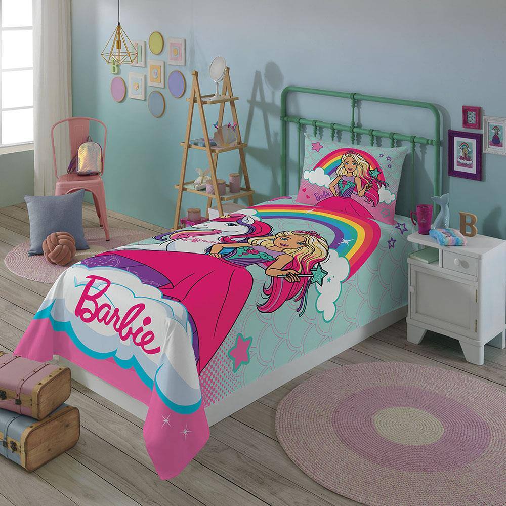 Jogo de Cama Solteiro Infantojuvenil Lepper Barbie Reinos Mágicos em Algodão e Poliéster 2 Peças – Verde Água