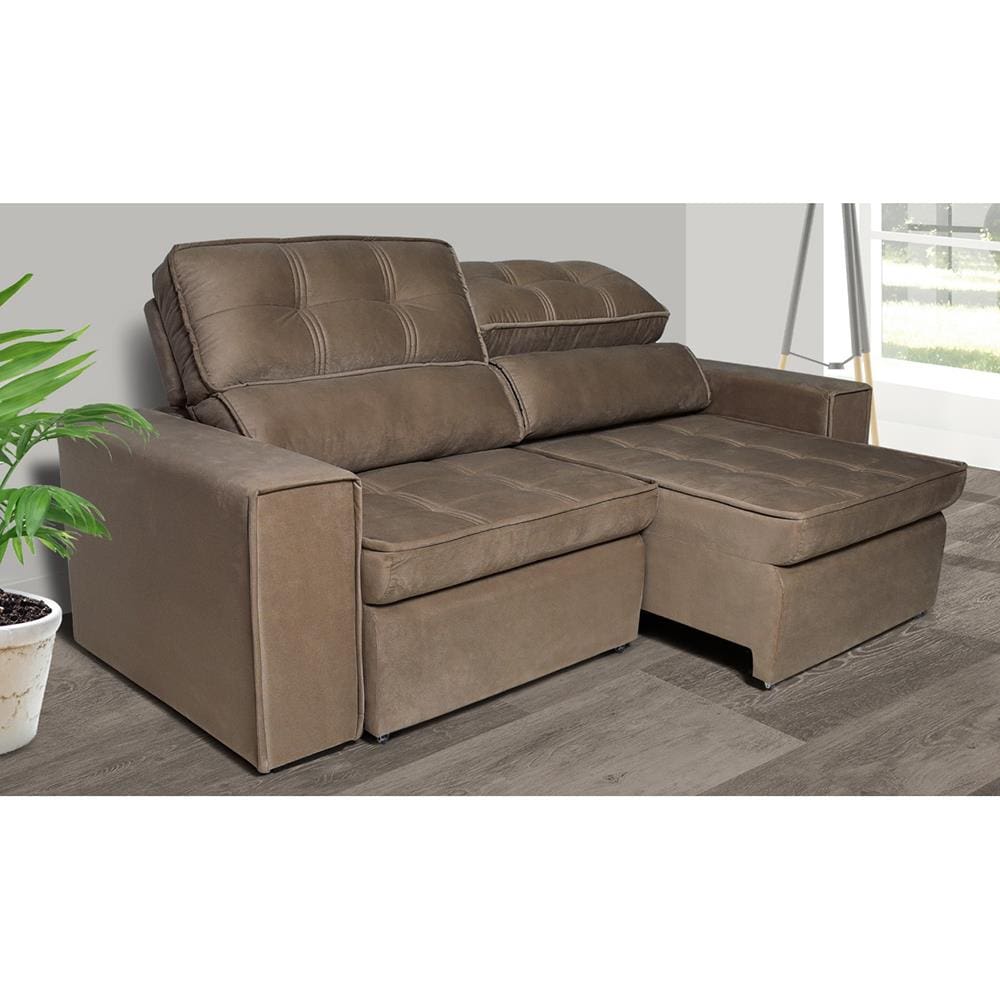 Sofá 5 Lugares Luizzi Bugatti II com Retrátil e Reclinável, Revestido em Tecido Veludo Plush e 251 cm de Largura - Tabaco - 1