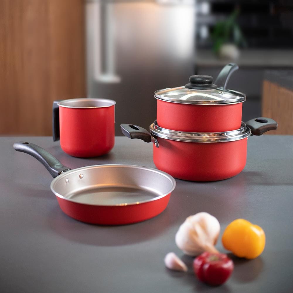 Conjunto de Panelas 4 Peças Brinox Ruby com Revestimento Interno Antiaderente Pro-Flon e Tampas de Vidro com Saída de Vapor - Vermelho - CJ PANELAS 4PCS RUBY VRM BRINOX - 1